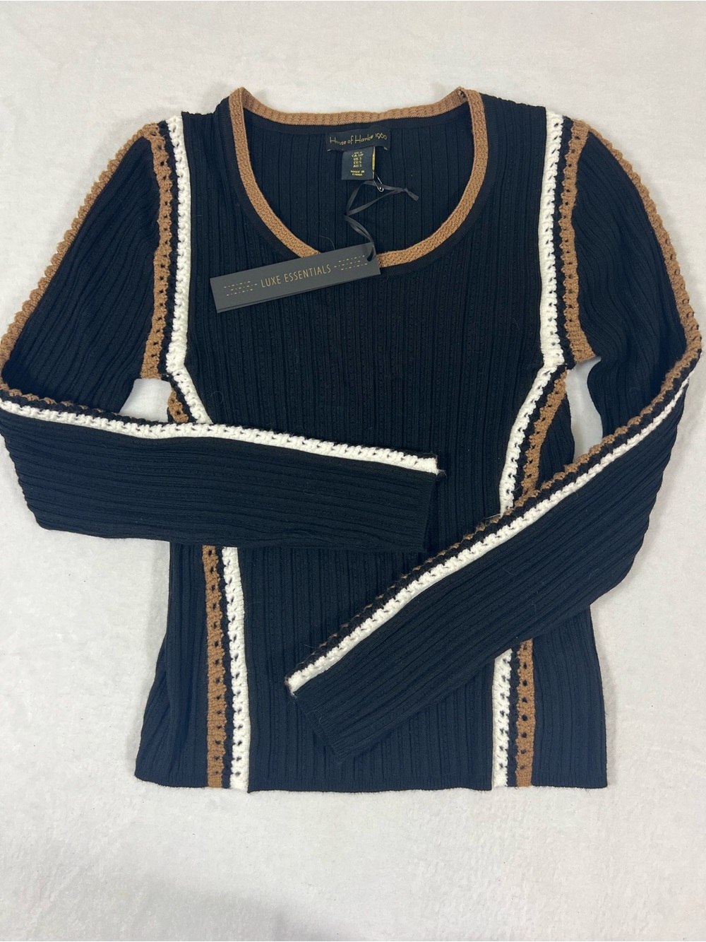 House of Harlow 1960 Black Scoopneck Sweater with Brown & White Trim